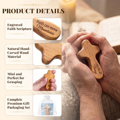 Lewtemi Small Wooden Pocket Cross Bulk 2.4" Mini Bible Verse Cross with Prayer Cards Organza Bags Hand Held Engraved Scripture Christian Encouragement Gift for Church Baptism Favors(Belief,24 Set) - style: Belief