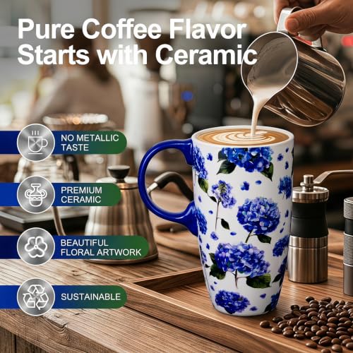 Topadorn 17oz Ceramic Travel Mug with Lid, Blue Hydrangea Floral Coffee Mug - color: Hydrangea