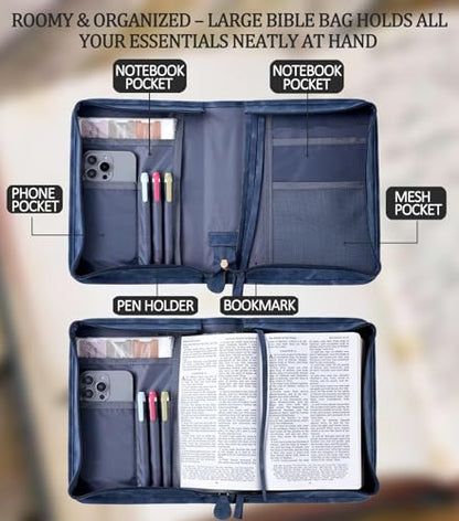 Vegan Leather Bible Cover Case, Bible Bag for Men Women, Gift Box Packaging - color: Indigo
