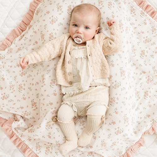 Konssy 100% Cotton Muslin Baby Blanket with Ruffle Trim for Girls, 43"x39" - color: Blossom