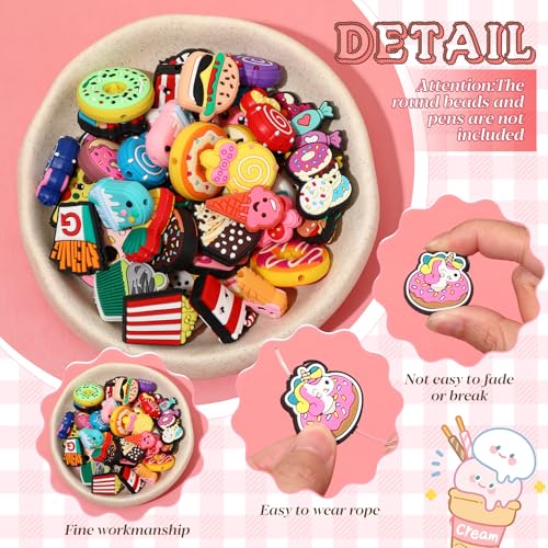 Tondiamo 60 Pcs Food Silicone Focal Beads for Pens Funny Desserts Silicone Beads Bulk for Beaded Pen DIY Craft Keychain Making Necklace Bracelet Charms Jewelry Decor - style: Food Style