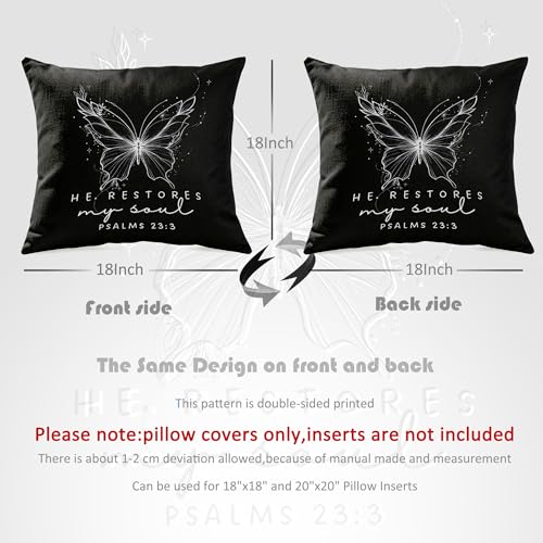 Christian Psalms 23:3 Pillow Cover 18x18, Black Linen-Textured Fabric, He Restores My Soul Bible Verse Butterfly Design, Religious Present for Christian Believers & Faithful Friends - color: Black-03