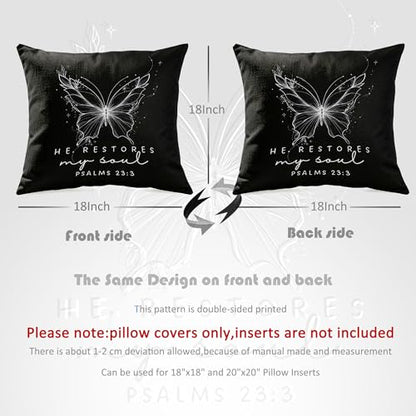 Christian Psalms 23:3 Pillow Cover 18x18, Black Linen-Textured Fabric, He Restores My Soul Bible Verse Butterfly Design, Religious Present for Christian Believers & Faithful Friends - color: Black-03
