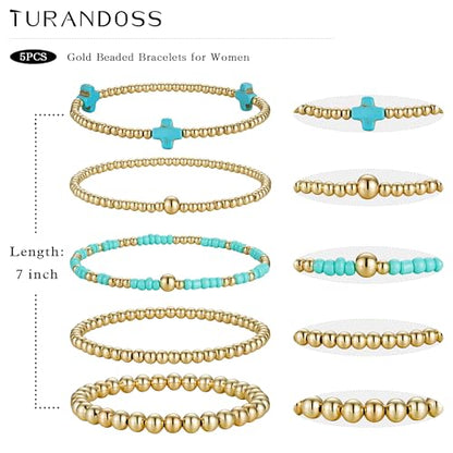 Turandoss 5PCS Gold Beaded Bracelets for Women Teen Girls, 14K Gold Plated - color: 5PCS Turquoise Cross Beaded Bracelets