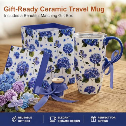 Topadorn 17oz Ceramic Travel Mug with Lid, Blue Hydrangea Floral Coffee Mug - color: Hydrangea