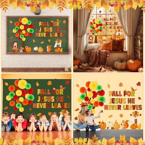 Gersoniel 81 Pcs Fall for Jesus He Never Leaves Bulletin Board Set Thanksgiving Tree Bulletin Board Decorations for Classroom 3D DIY Paper Fans Religious Cross Wall Decor Thanksgiving Hedgehog Cutouts - style: Fall