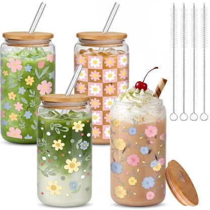 Mumufy 4 Pack Pastel Flower Glass Cup, 16 oz Tumbler Mug with Bamboo Lid - style: Pastel Flower