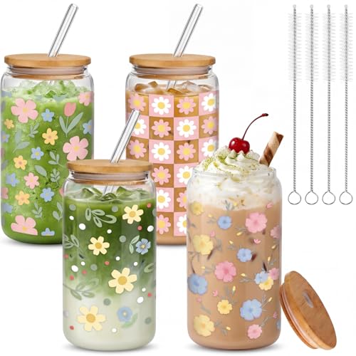 Mumufy 4 Pack Pastel Flower Glass Cup, 16 oz Tumbler Mug with Bamboo Lid - style: Pastel Flower