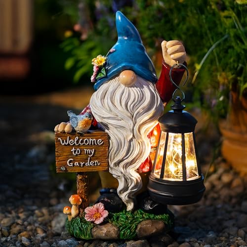 ZQQLITE Garden Gnome Statues Figurine Lights - Solar Powered Lighting Outdoor Decorations with Lantern & Welcome Sign, Yard Art Lawn Ornaments for Porch Patio Balcony - Gnome Gifts for Women Mom - color: Welcome Sign