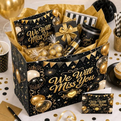 Farewell Gift Bag with Tissue Paper and Card, Black Gold Large Bag