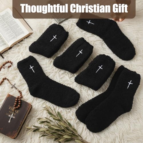 Cutecrop 5 Pairs Christian Gifts Socks Cross Print Fuzzy Socks Jesus Gifts Religious Fluffy Cozy Slipper Sock for Women Men - color: Black