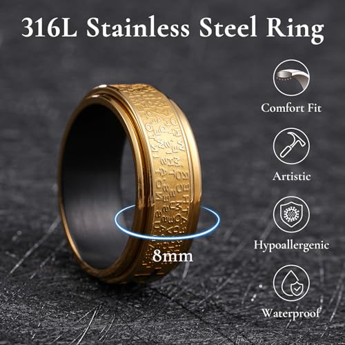King Will 8mm Black/Gold/Silver Prayer Stainless Steel Ring - color: Gold & Black