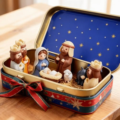 Handmade Miniature Christmas Nativity Set in Tin Box - Portable Pocket-Sized Manger Scene with Mary, Jesus, Shepherds Animals Figures - Hand-Paintedfor/Easter Gift