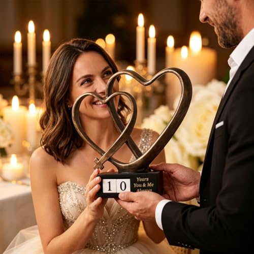 QIANLING Wedding Anniversary Couples Gift - 1st to 60th Anniversary with Rotating Year Blocks, Two Hearts and Cross Sculpture, Christian Love Decor Gift for Wife Husband Parents, Printed Poem Card