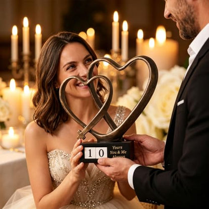 QIANLING Wedding Anniversary Couples Gift - 1st to 60th Anniversary with Rotating Year Blocks, Two Hearts and Cross Sculpture, Christian Love Decor Gift for Wife Husband Parents, Printed Poem Card