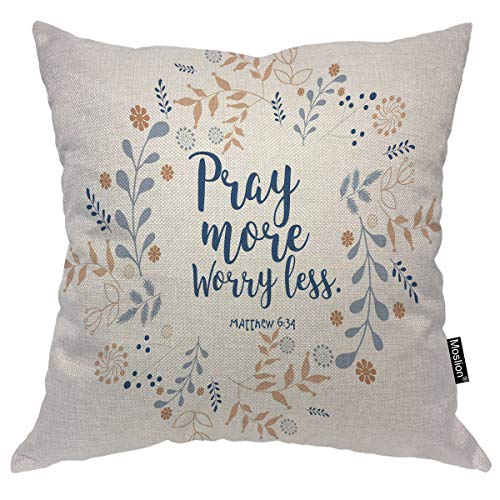 Moslion Pray More Worry Less Throw Pillow Cover Floral Wreath Bible Quote Christian Verse Faith Style 16x16 Inch Square Pillow Case Cushion Cover for Home Car Decorative Cotton Linen - color: Bible Quote