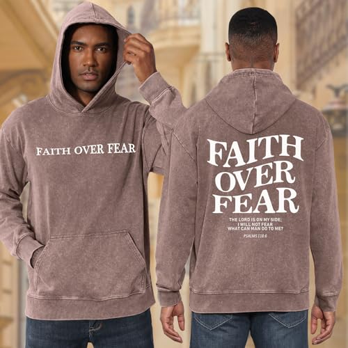 Christian Faith Over Fear Hoodies for Men Jesus Religious Graphic Sweatshirt Bible Verse Acid Wash Pullover Hoodie - color: Brown, size: Large