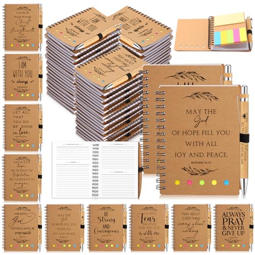 Spakon 50 Set Christian Gifts Bulk Church Gifts Religious Notebook Spiral Bible Verse Bamboo Pens Mini Bible Study Journal for Sunday School Employee Coworker Men Women (Brown)