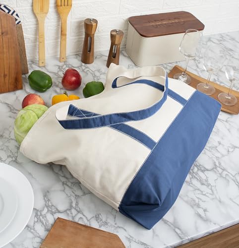 Canvas Tote Bag with Zipper & External Pocket, Reusable Grocery Shopping Tote Bag with Handles for Groceries - color: Blue