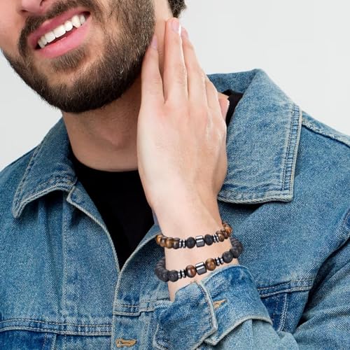 RANKEEF Tiger Eye Bracelet For Men 8MM Natural Stone Stretch Adjustable Black Crystal Beaded Bracelet for Men Women Gifts - color: 4,lava rock,tiger eye,white,black bracelet