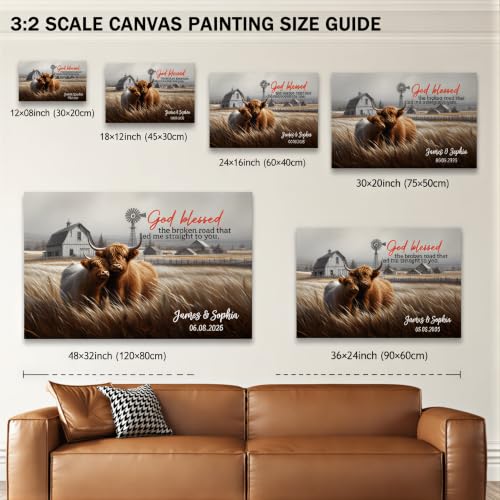 Ipplee Custom Highland Cow Wall Art, God Blessed the Broken Road for Couple - color: Design 01