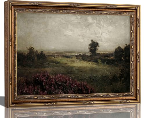 Vintage Gold Framed Landscape Wall Art, Moody Countryside Scenery Canvas Picture, Antique Nature Meadow Poster Decor for Living Room Bedroom, Hook and Loop Included (12x16in / 16x24in) - color: landscape, size: 16"L x 12"W