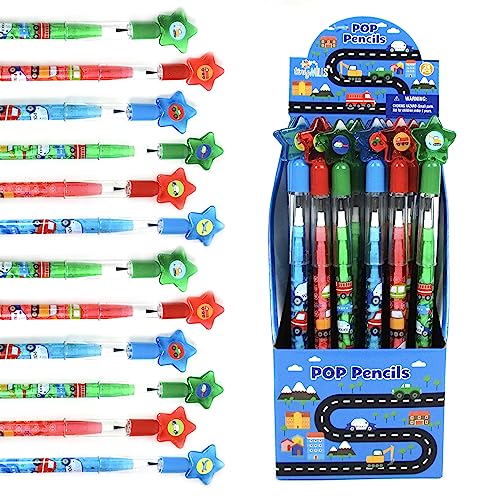 TINYMILLS 24 Pcs Transportation Stackable Push Pencil Assortment with Eraser for Party Favors Goodie Bag Stuffers VBS Classroom Rewards Pinata Fillers Carnival Prize