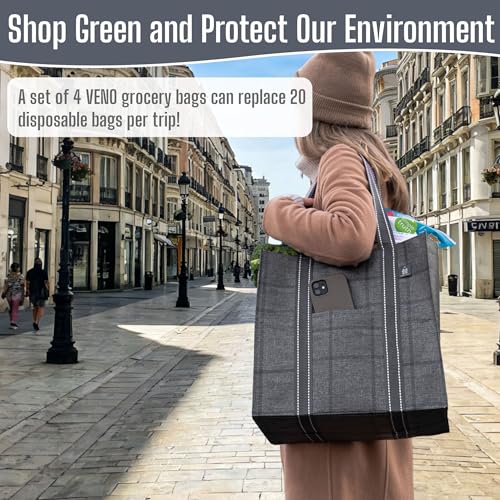 VENO 4 Pack Large Grocery Bag Reusable Shopping Bags with Hard Bottom - color: Windowpane