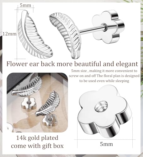 Enticera 14K Gold Stud Earrings for Women 20g Leaf Cross Bar Handmade Flat Back Earrings Hypoallergenic Nap Screw Back Cartilage Earrings Tragus Helix Piercing Jewelry - color: Silver Tone, style: Leaaf