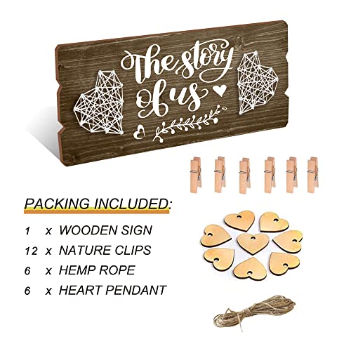 Newlywed Pictures Hanging Board with Clips and Twines, the Story of Us - color: burned wood