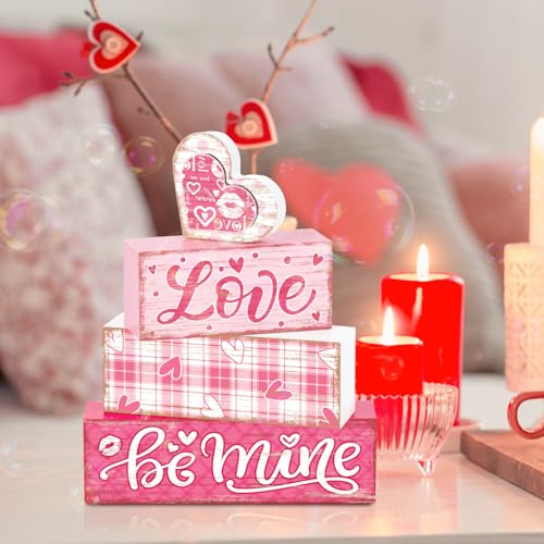 Britimes Tiered Tray Decor Set, 4 Pack, Wooden Table Sign, Valentine Plaid - style: Pink Love Plaid