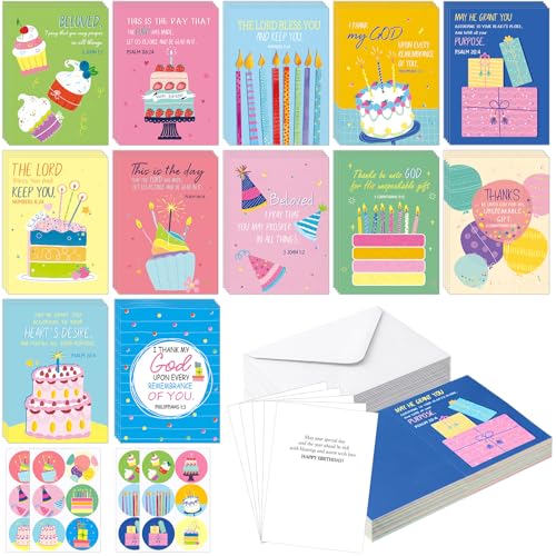Motiskyy 48 Pack Religious Christian Birthday Cards Bulk with Scripture Assorted Bible Verse 4.5 x 6.2 Inch Christian Blessings Birthday Greeting Cards with Envelopes and Stickers (Illustration Style) - style: Illustration Style