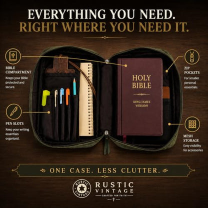 11 x 8 inch Genuine Leather Bible Cover for Men & Bible Case Women Organizer with Handle & Pocket Pen Holder Christian Religious Gift Cross Bookmark Bible Carrying Bag for Church Green - color: Green