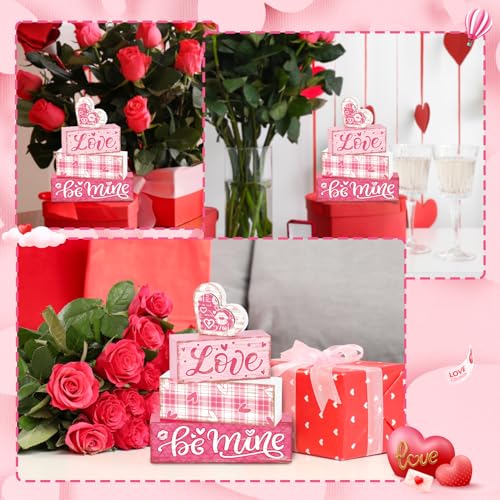 Britimes Tiered Tray Decor Set, 4 Pack, Wooden Table Sign, Valentine Plaid - style: Pink Love Plaid