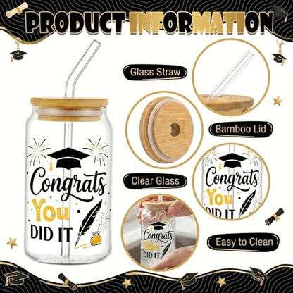 Glass Cups with Lids and Straws, 4Pack, 16oz, Graduation - color: Graduation