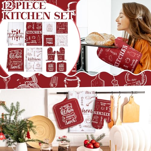 Bencailor 12 Pcs Farmhouse Kitchen Decor and Accessories Sets 4 Red Kitchen Towels 4 Absorbent Dishcloths 2 Pot Holders 2 Oven Mitts Gloves for Home Decor Mom Gifts - color: Red and White, style: Classic