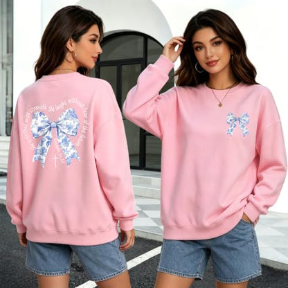 Bow Sweatshirt Christian Jesus Sweatshirts for Women Faith God Long Sleeve Shirts Bible Verse Graphic Pullover Gifts - color: Pink, size: XX-Large