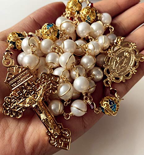 elegantmedical HANDMADE Gold Wire Wrapped Bead AAA White 10mm Real Pearl Rosary Cross NECKLACE BOX