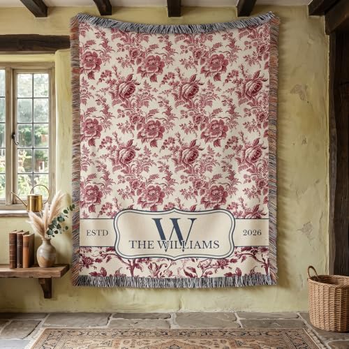 Chillever Personalized Monogram Woven Blanket with Last Name, Custom Floral Throw Blankets for Couch Bed, Cotton Anniversary Wedding Gift for Couple, New Home Housewarming Presents 3 - color: A6