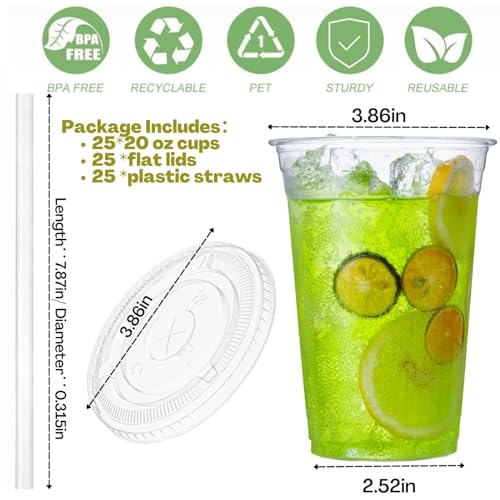 Artpreti 25 Sets 20 oz Clear Plastic Cups with Lids and STRAWS, Disposable Cups for Iced Coffee, Smoothie, Milkshake, Cold Drinks - size: 20 oz - With Lid