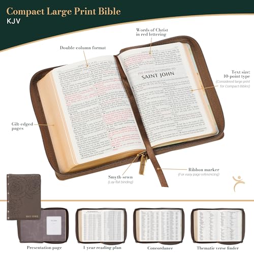 KJV Holy Bible, Compact Large Print Vegan Leather Red Letter Edition - Ribbon Marker, King James Version, Floral Dusty Taupe, Zipper Closure (KJV Compact LP Editions)