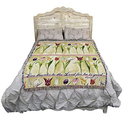 Pure Country Weavers Tulips Blanket by Nina Herold - Scriptures - Psalm 118:1 - Religious Garden Floral Gift Tapestry Throw Woven from Cotton - Made in the USA (72x54) - color: Psalm 118:1 Tulips, size: 72" x 54"