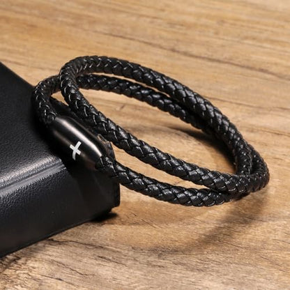 Leather Cross Bracelets for Men : Black Genuine Braided Double Wrap Jesus Cross Braided Leather Bracelets with Stainless Steel Clasp for Men Boyfriend,Christian Jewelry Gifts,8 Inches