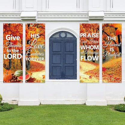 4Pcs Church Banners for Sanctuary Wall Welcome Inspirational Religious Banners Hanging Backdrop Fall Thanksgiving Maple Leaves Trees Church Banner Scripture Bible Verse Banner for Holiday School Decor - style: Red Leaves Fruit