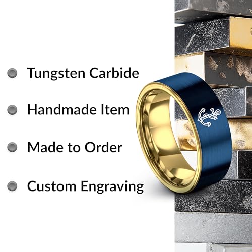 Gift for Nautical Fan - Anchor With Rope Ring - Men Women - Tungsten - Flat Dome Bevel - Band - Yellow Gold Black Silver Blue - Anniversary Wedding - 8mm - Brushed Polished - Personalized Custom Engra - color: 14 - Yellow Gold Blue Tungsten