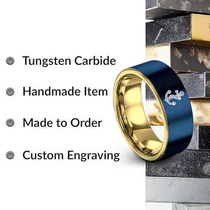 Gift for Nautical Fan - Anchor With Rope Ring - Men Women - Tungsten - Flat Dome Bevel - Band - Yellow Gold Black Silver Blue - Anniversary Wedding - 8mm - Brushed Polished - Personalized Custom Engra - color: 14 - Yellow Gold Blue Tungsten