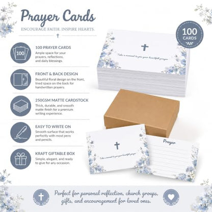 100 Pcs Lined Prayer Cards - 4x3 Christian Note Cards with Blue Floral Art - 250GSM Matte Paper Boxed Set for Church, Small Group & Prayer Requests - color: BLUE FLORAL