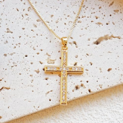 Gold Cross Necklace for Women, 14K Gold Plated - style: All-zircon cross