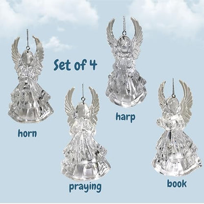 Lighted Acrylic Angel Christmas Ornaments Set of 4, Clear LED Angel Figurines with Reading Book, Horn, Harp & Praying Designs, 4.25 Inch Hanging Angel Tree Decorations, Religious Holiday Décor