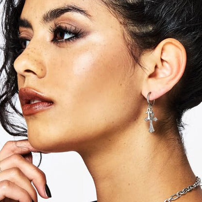 HZMAN Double Ankh Cross Huggie Hoop Earrings for Women, Brass Dangle Earrings with Cubic Zirconia, Vintage Baroque Religious Jewelry Gift